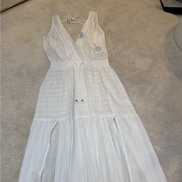 NWT Blue Island White Linen Sheer V Neck Scrunch Waist Maxi Dress Size XS - Picture 3 of 10